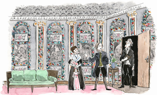 Chateau de Pangins _ Extrait de la bande dessinée racontant l’histoire du salon de papier peint de La Cibourg. Illustration: Fanny Vaucher